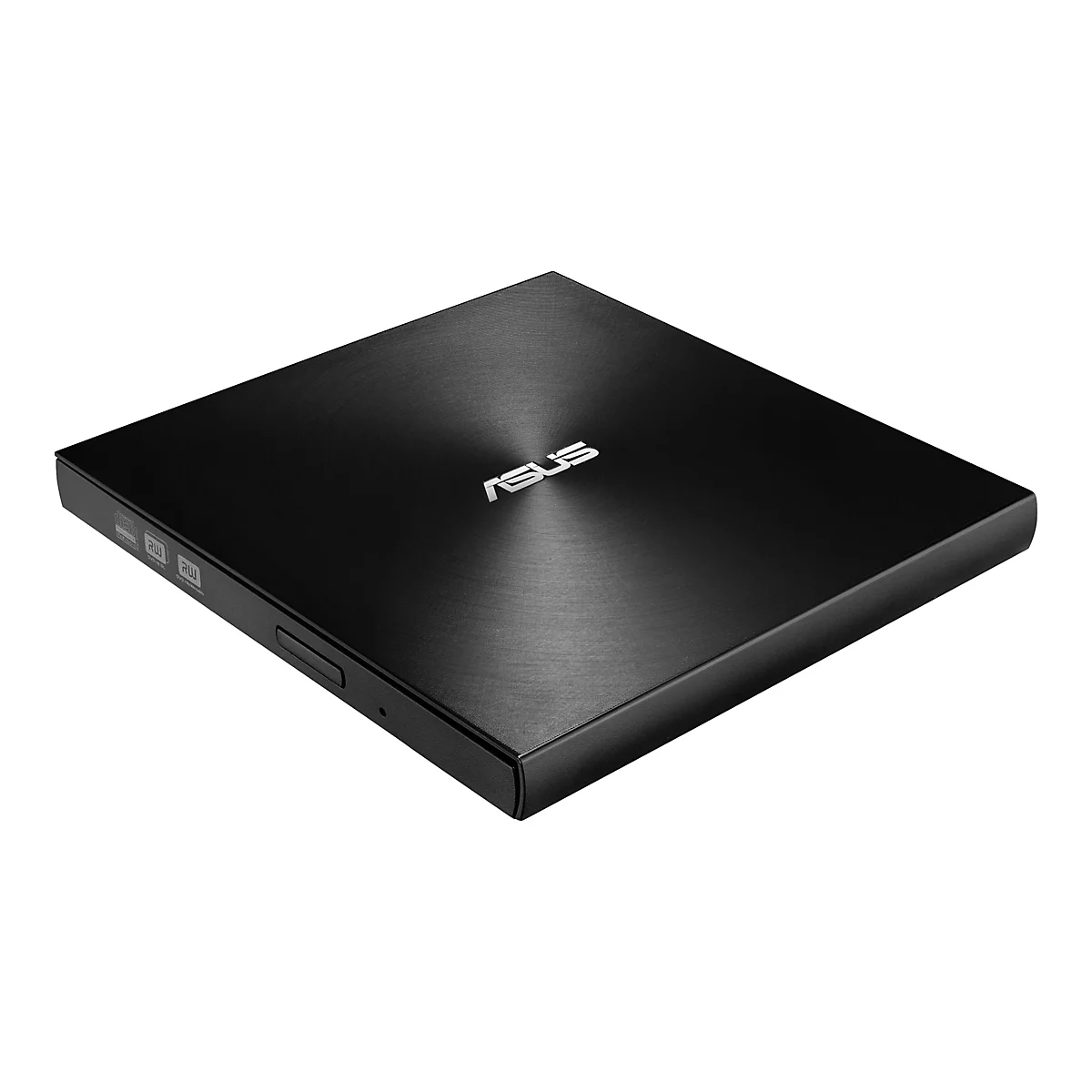 Schwarzes, quadratisches Asus externes DVD-Laufwerk in Draufsicht auf weißem Hintergrund.