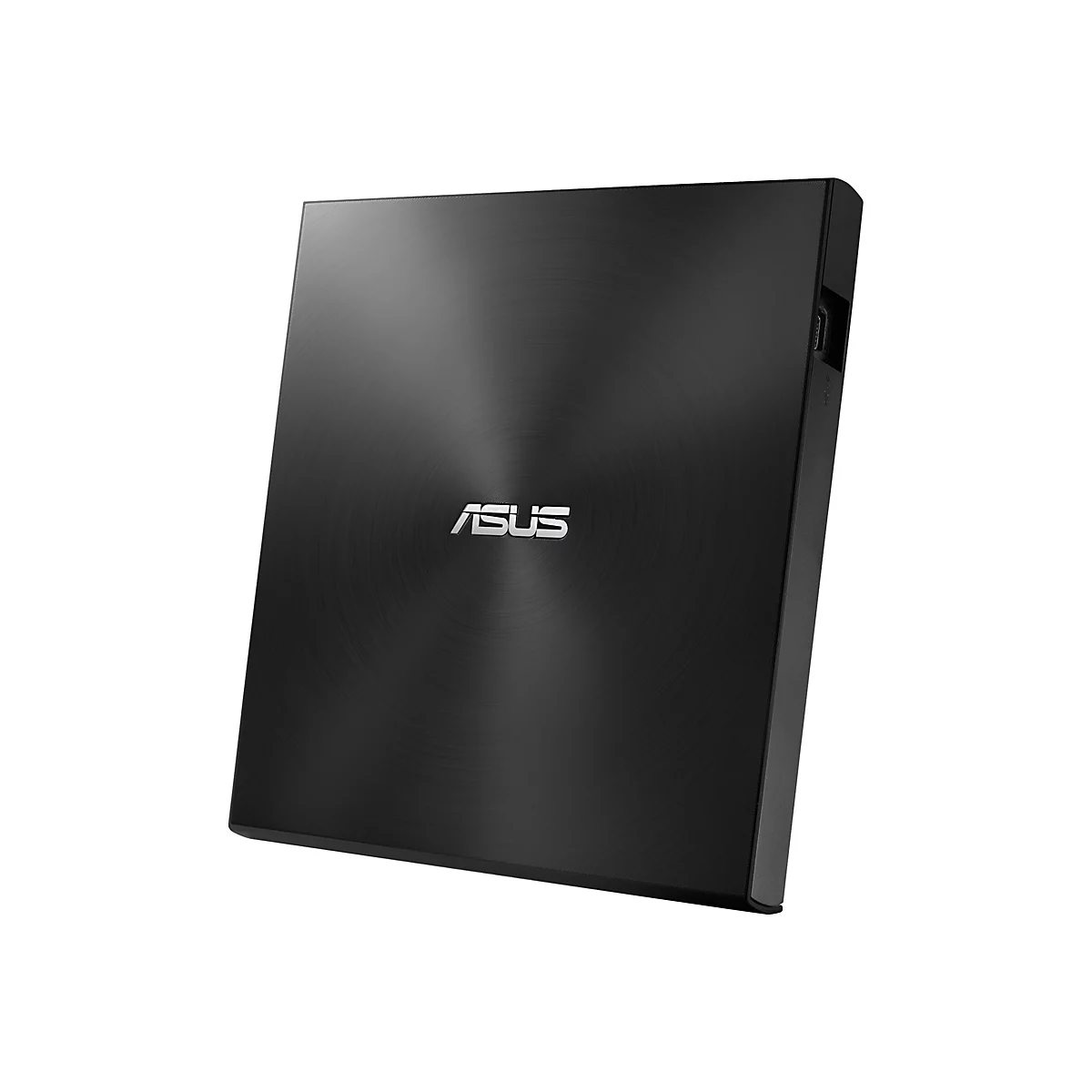 Schwarzes, flaches ASUS externes DVD-Laufwerk mit kreisförmiger Textur vor weißem Hintergrund.
