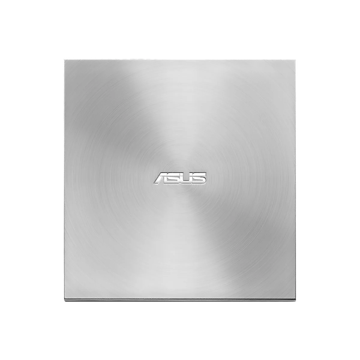 Silberne Oberfläche mit kreisförmiger Maserung und dem ASUS-Logo.