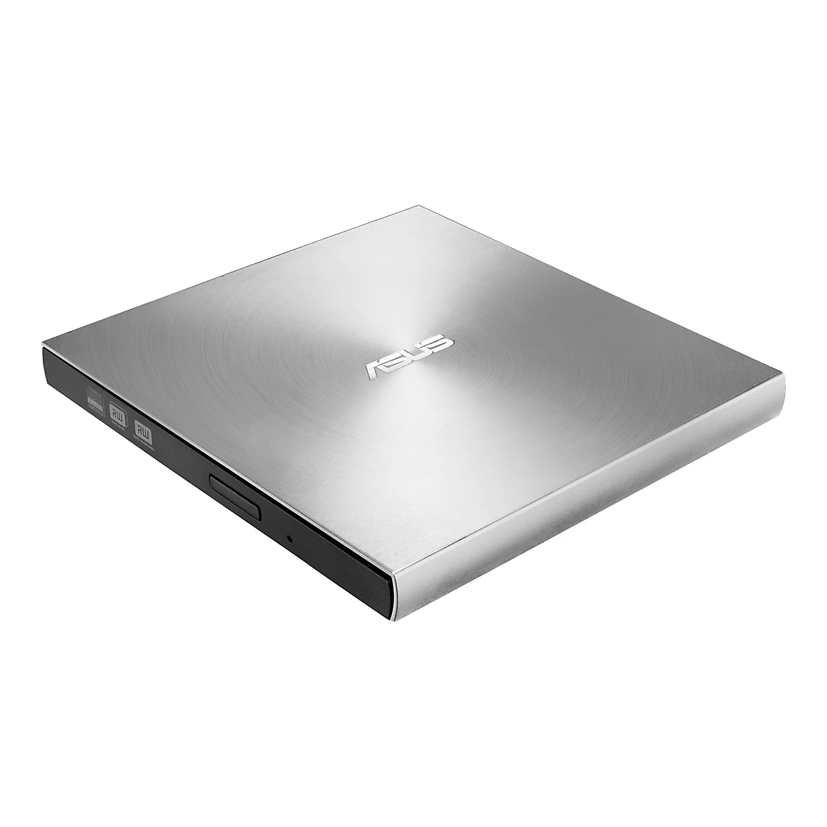Ein silberner ASUS DVD-Laufwerk; Die Oberfläche ist gebürstet. Auf der Oberfläche ist das ASUS-Logo. Unten links befinden sich Logos für DVD und RW.