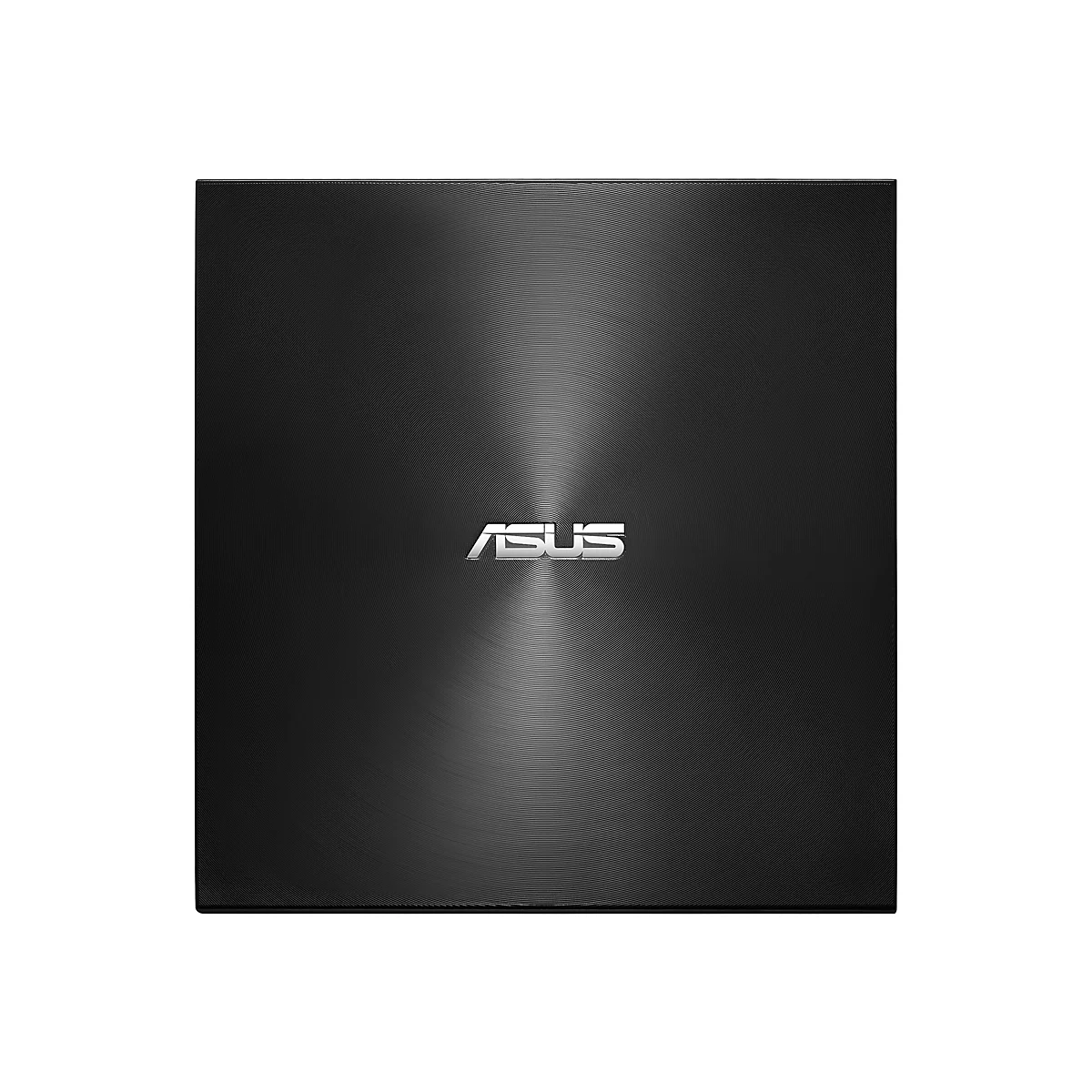 Dunkles Laptop-Cover mit konzentrischen Kreisen. Silbernes ASUS-Logo mittig. Detailreiche Oberfläche.