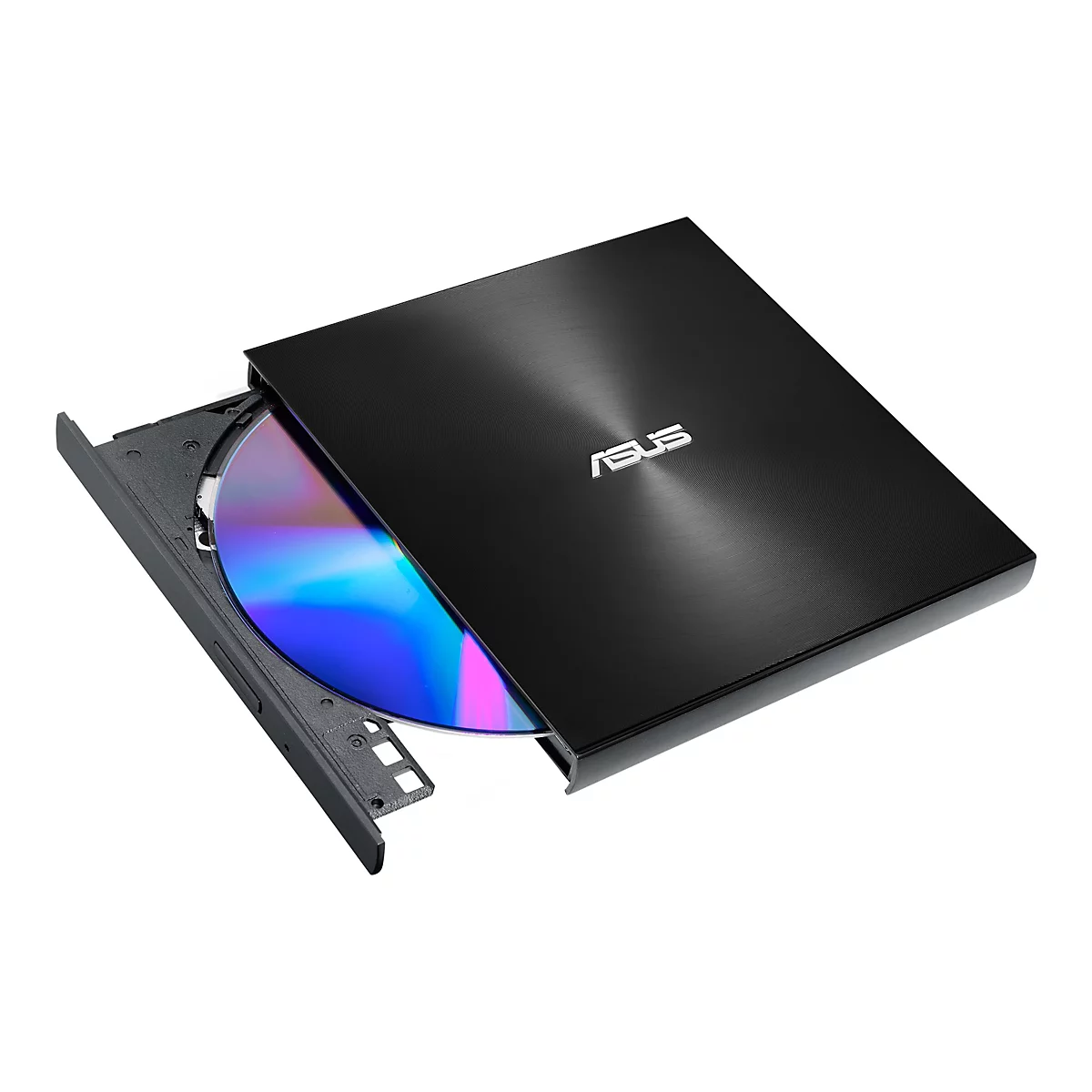 Ein schwarzes ASUS DVD-Laufwerk, teilweise geöffnet, mit einer CD/DVD im Inneren.