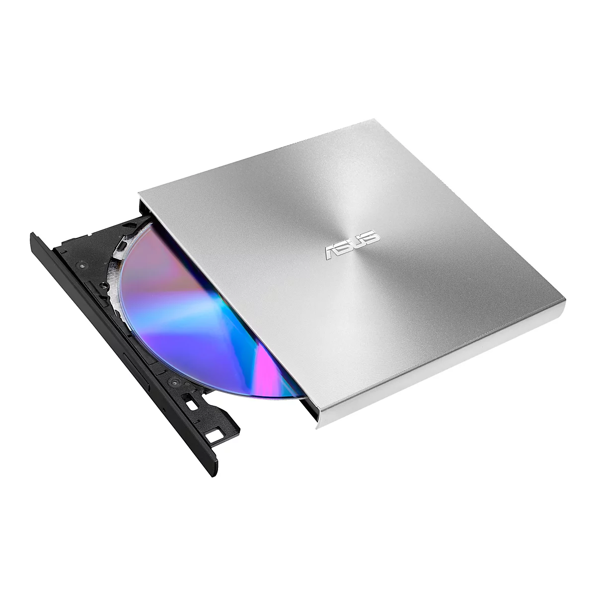 Silbernes, offenes ASUS-CD-Laufwerk mit eingelegter, mehrfarbiger CD.