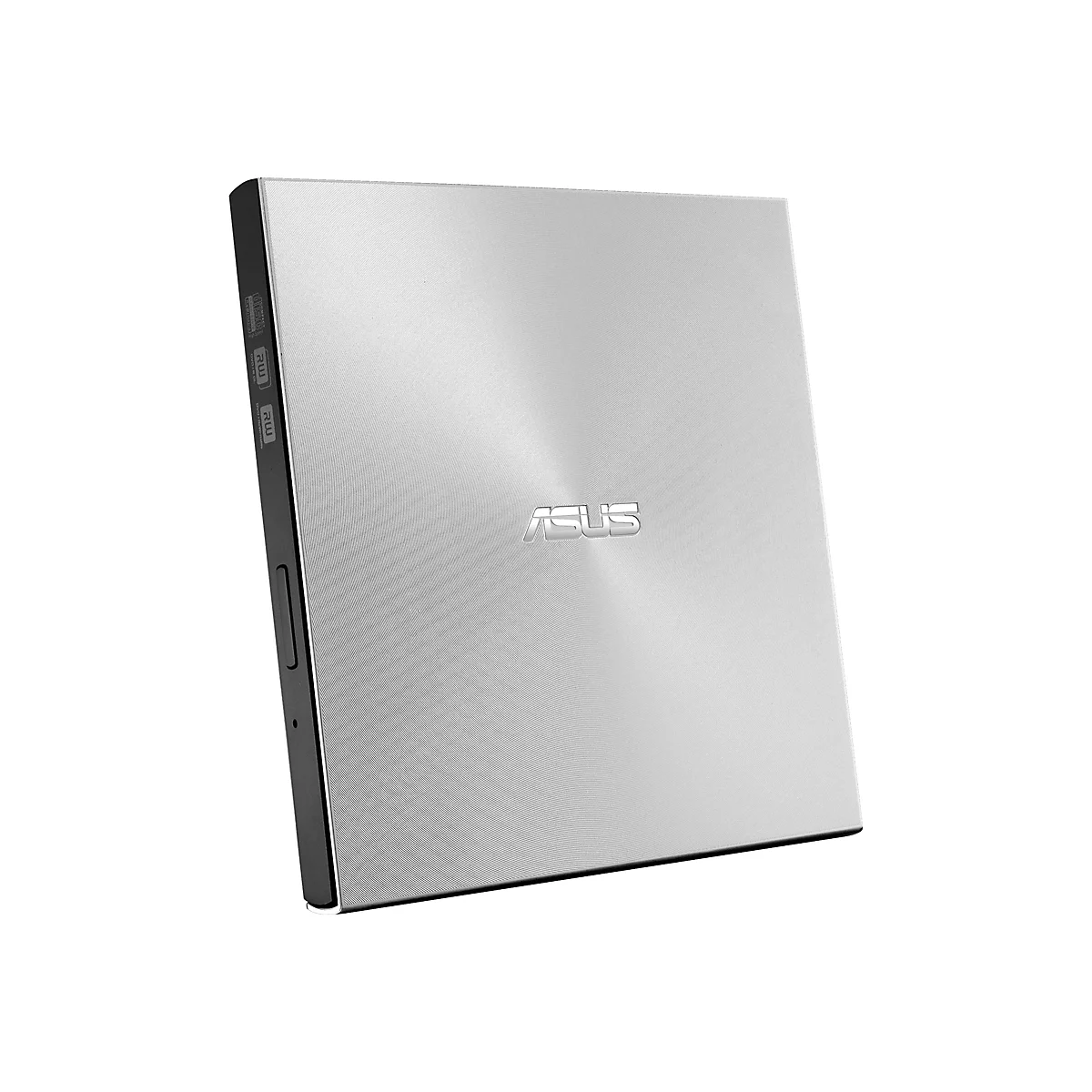 Silberner ASUS DVD-Brenner, schräg von oben. Der Deckel hat konzentrische Kreismuster. Auf der Oberseite befindet sich das ASUS Logo.