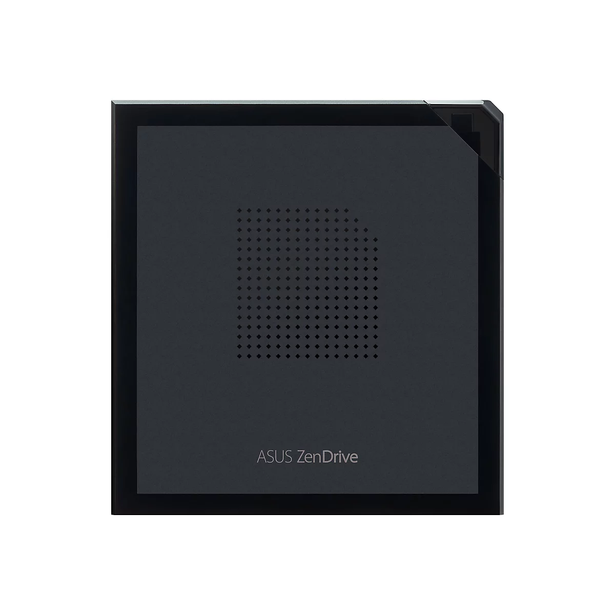 Dunkelgraue ASUS ZenDrive. Quadratisch mit abgerundeten Ecken, schwarzem Rahmen und kleinen quadratischen Löchern. Schriftzug: ASUS ZenDrive.