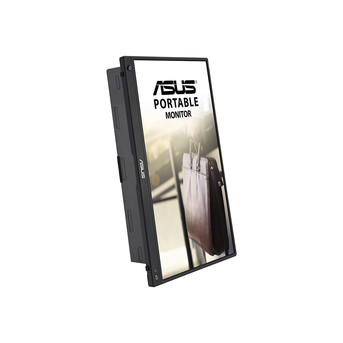 Ein schwarzer tragbarer ASUS Monitor ist im Dreiviertelprofil abgebildet, der Bildschirm zeigt ein Bild einer braunen Aktentasche.