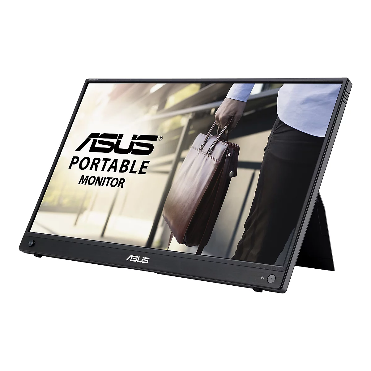 Schwarzer tragbarer Monitor, auf dem „ASUS PORTABLE MONITOR“ steht. Im Hintergrund ist eine Person mit Aktentasche zu sehen.