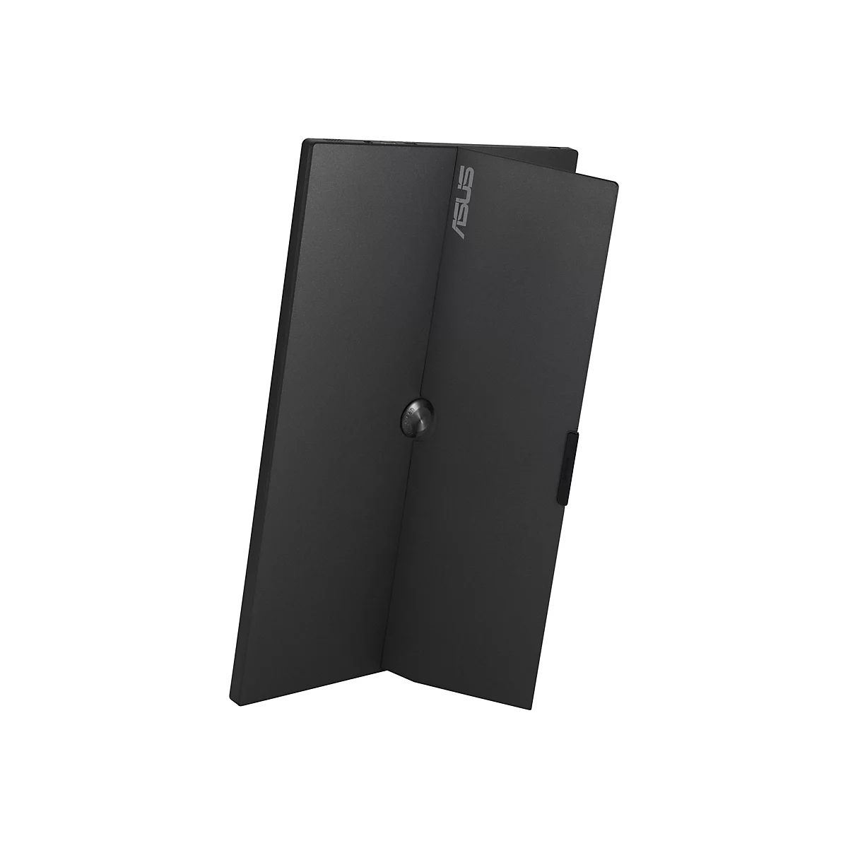 Ein schwarzer Monitor, der in zwei Teile gefaltet ist. Auf der Oberfläche ist das Asus Logo zu sehen.