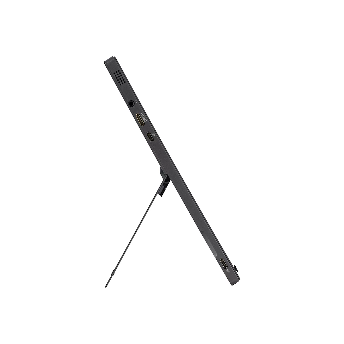 Seitenansicht eines flachen, schwarzen Monitors mit ausgeklapptem Ständer und sichtbaren Anschlüssen.