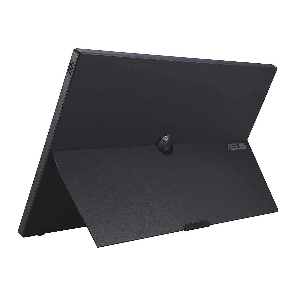 Rückseite eines schwarzen, aufgestellten ASUS ZenScreen Monitors vor weißem Hintergrund.