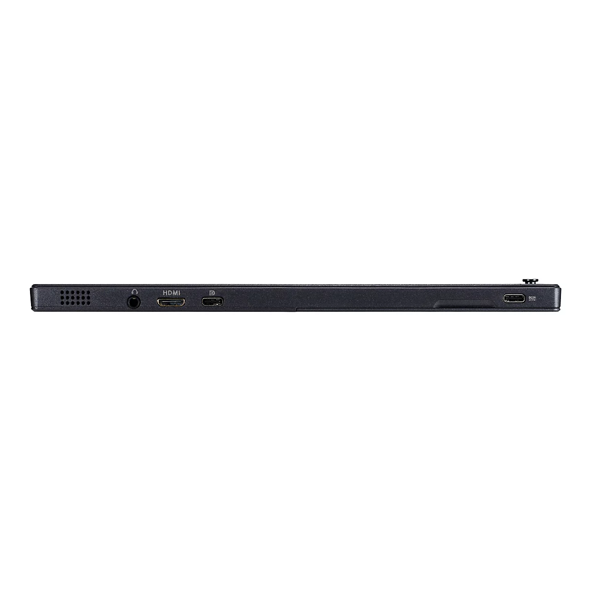 Nahaufnahme der Unterseite eines schwarzen, rechteckigen Geräts mit verschiedenen Anschlüssen, wie Kopfhöreranschluss, HDMI, USB-C.