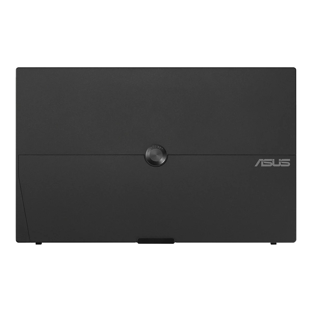 Rückseite eines schwarzen ASUS ZenScreen Monitors mit zentralem Standfuß-Element und dezentem Markenlogo.