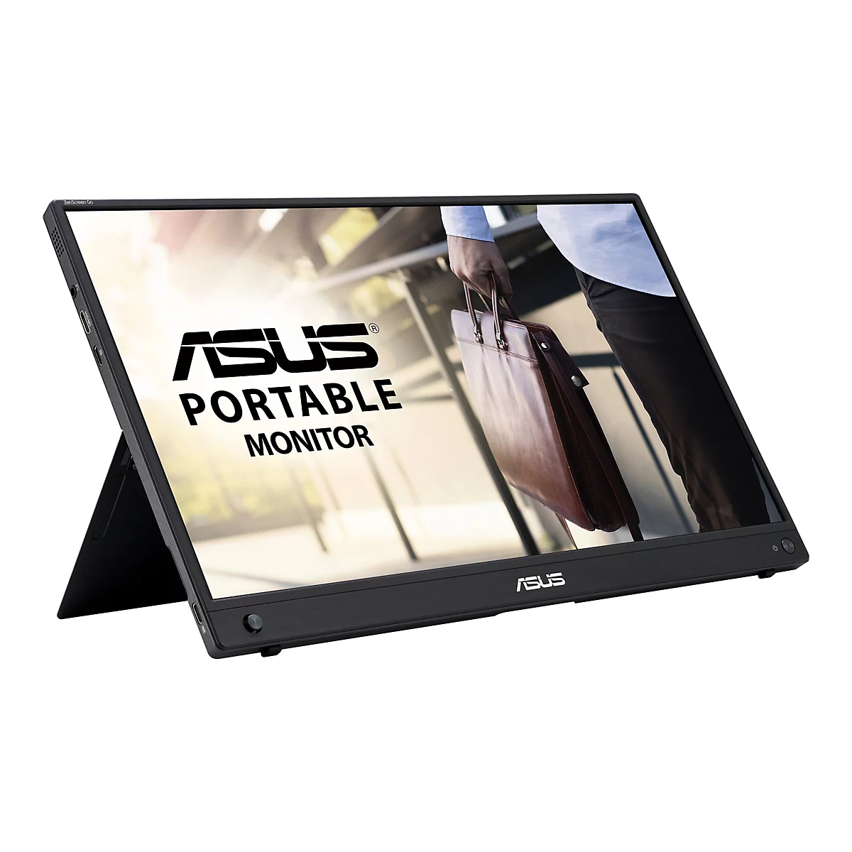 Schwarzer, portabler ASUS ZenScreen Monitor, schräg aufgestellt, zeigt das ASUS Logo und Business-Motiv.