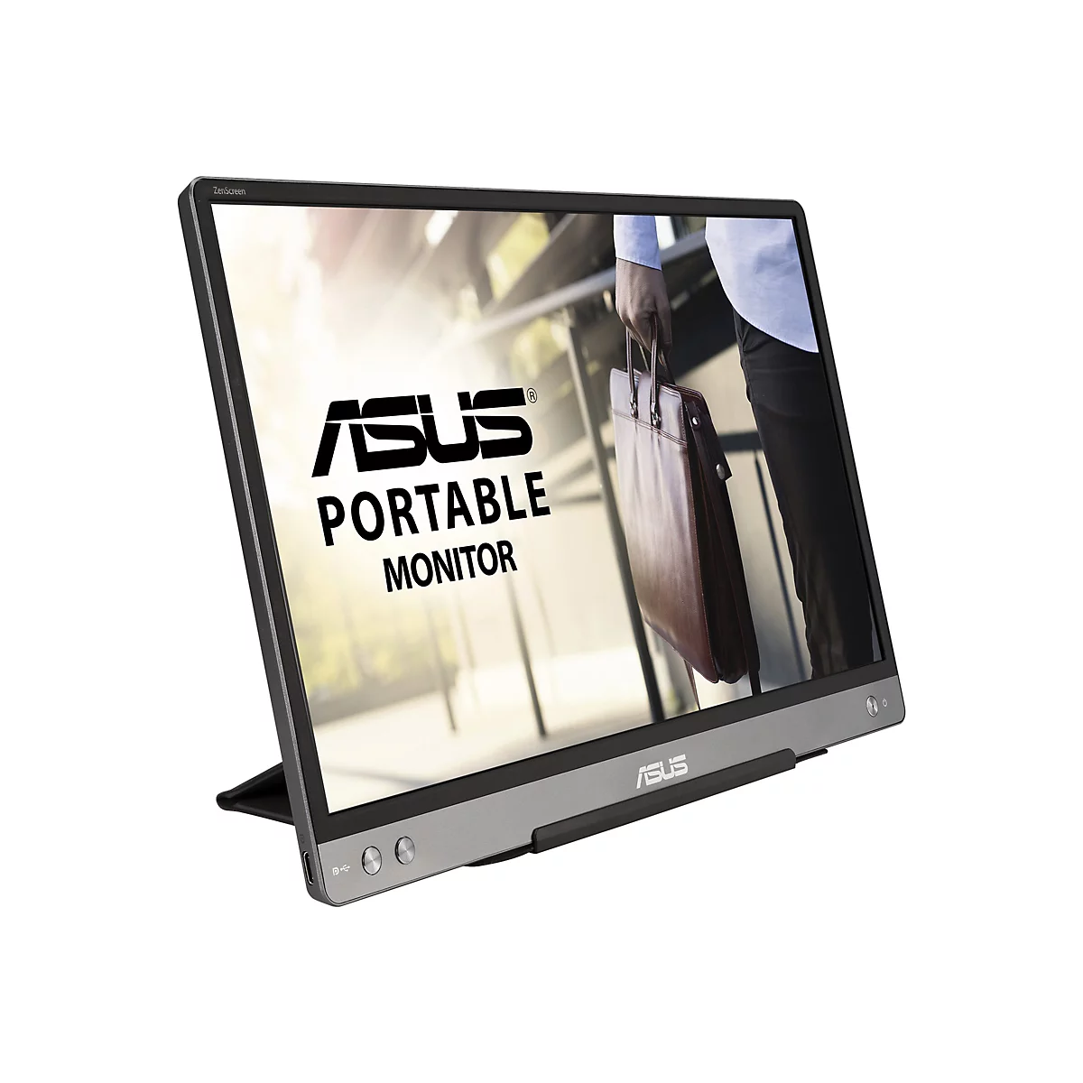 Ein tragbarer ASUS-Monitor, der auf einem Ständer steht, zeigt ein Bild mit einer Person, die eine Aktentasche hält.