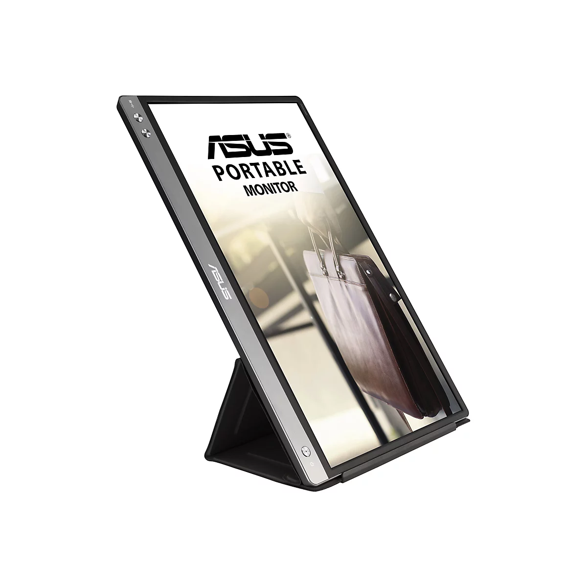 Ein tragbarer Monitor von Asus, der auf einem Ständer steht. Der Bildschirm zeigt ein Bild mit einer braunen Handtasche. Das Asus Logo und die Bezeichnung "Portable Monitor" sind zu sehen.