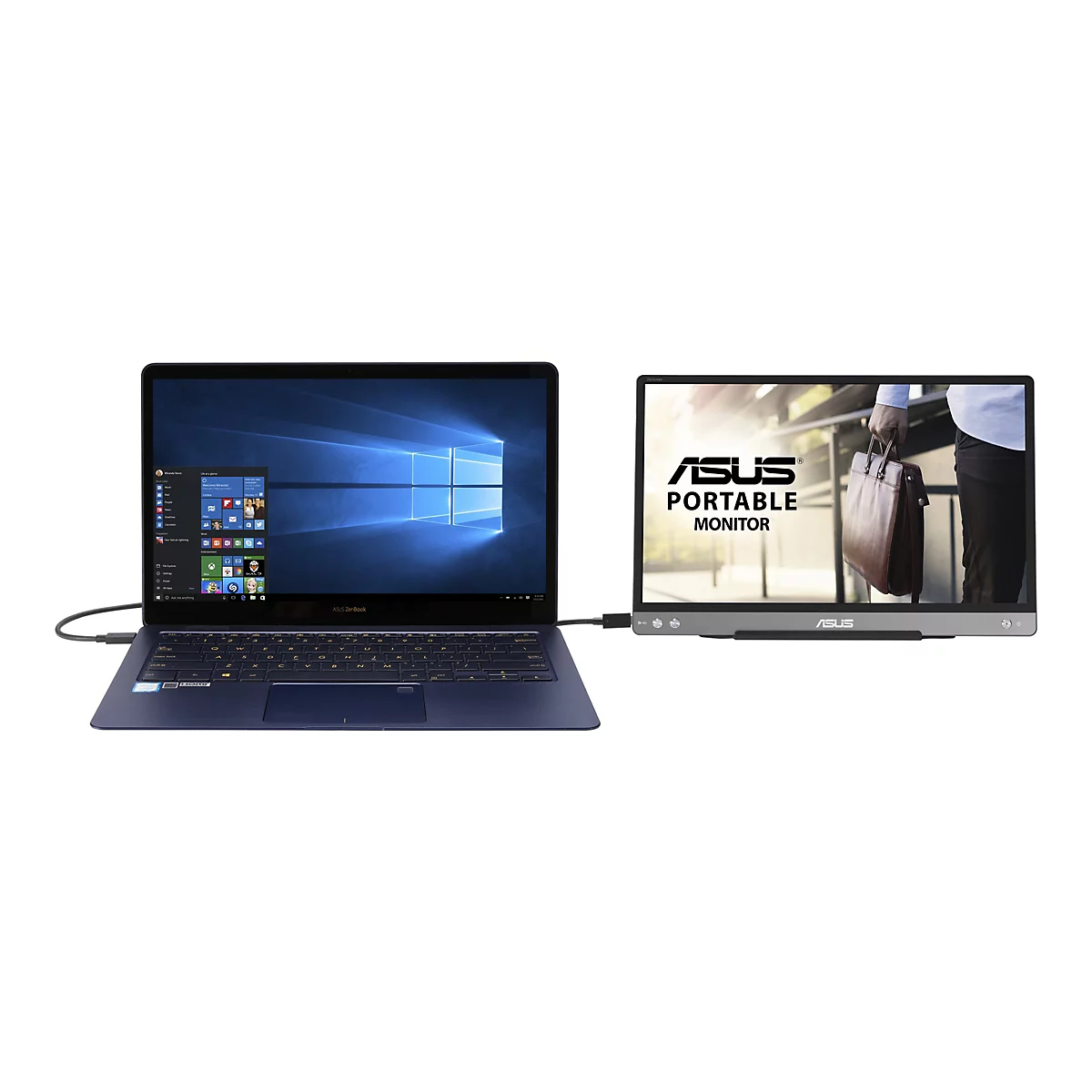 Ein dunkelblaues ASUS Zenbook Laptop ist mit einem ASUS Portable Monitor verbunden, auf dem ein Mann mit Aktenkoffer zu sehen ist.