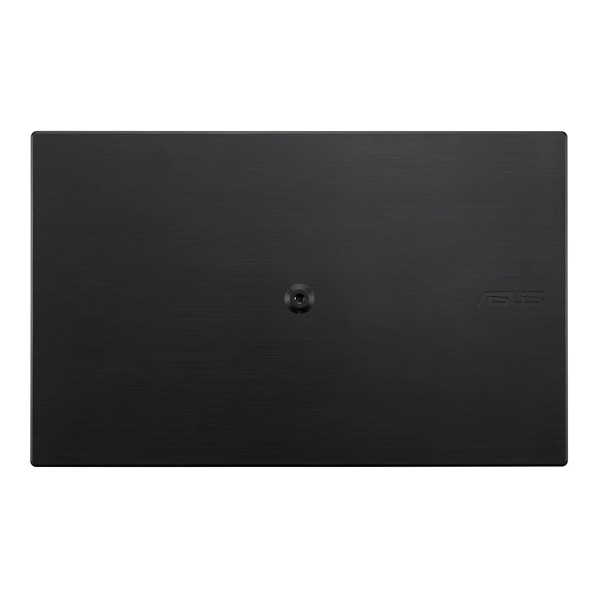 Dunkles Laptop-Cover mit dezentem Muster, mittig ein rundes Element und rechts das ASUS-Logo.