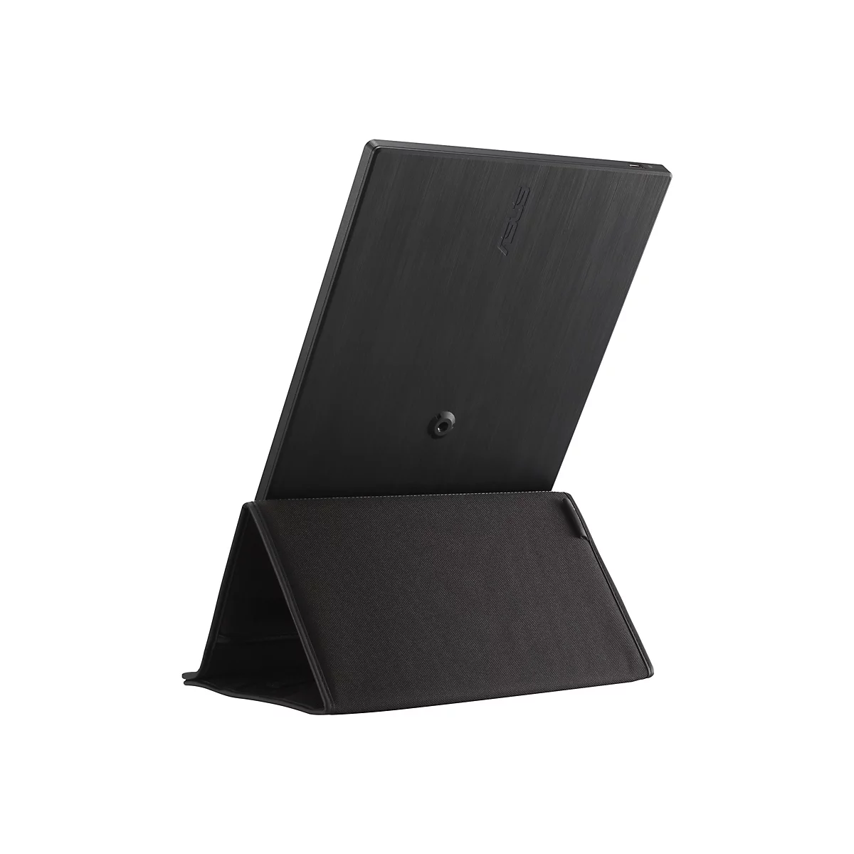 Rückseite eines schwarzen Asus Monitors im Standfuß auf weißem Hintergrund.
