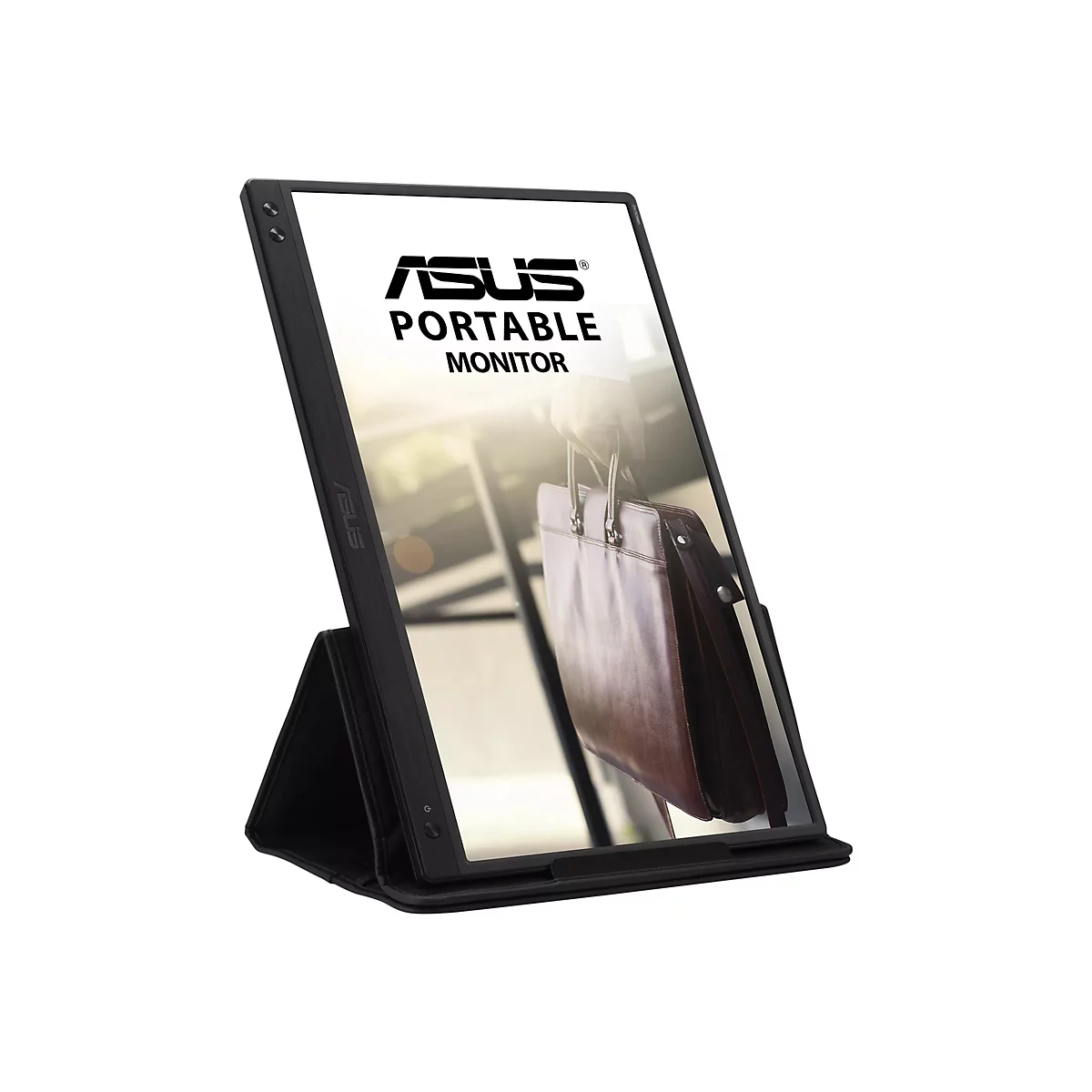 Schwarzer tragbarer ASUS Monitor mit Ständer; Bildschirm zeigt Bild einer Handtasche. Auf dem Bildschirm: ASUS PORTABLE MONITOR