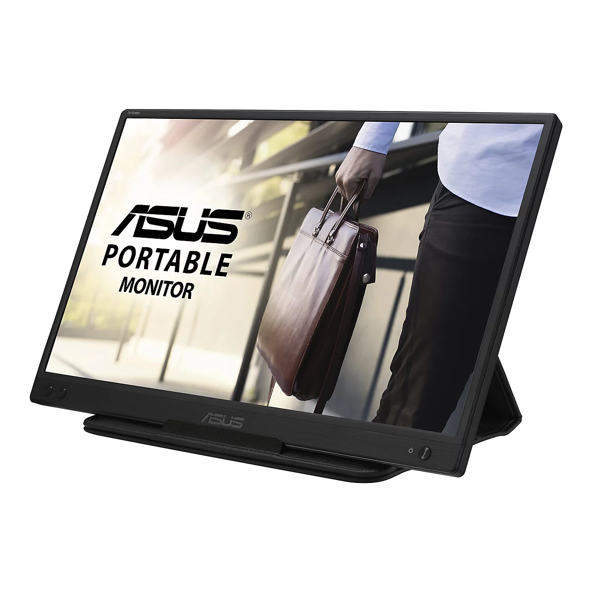 Ein schwarzer tragbarer ASUS-Monitor mit dem ASUS-Logo und der Aufschrift "Portable Monitor" vor dem Hintergrund einer Person, die eine braune Aktentasche trägt.