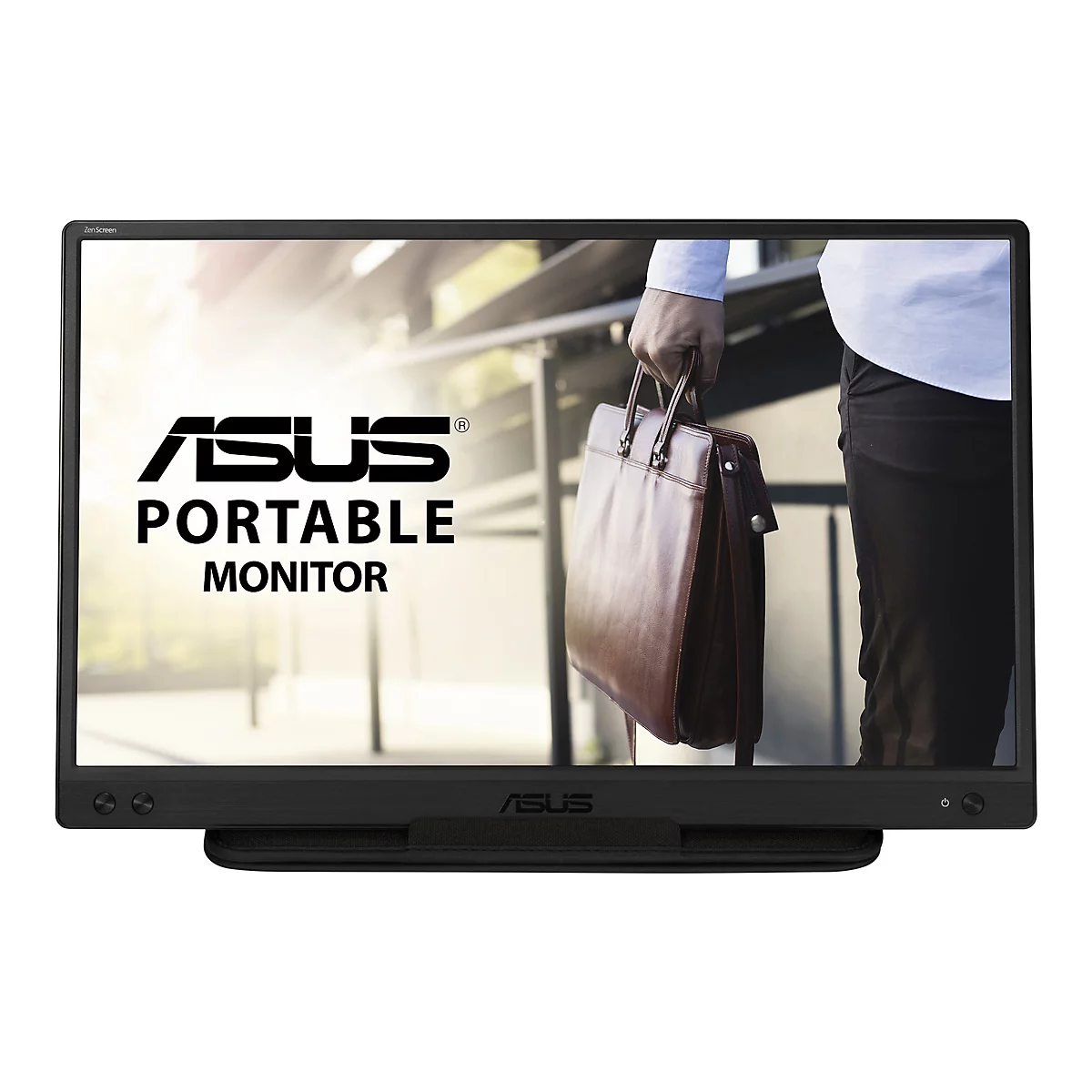 Ein schwarzer tragbarer ASUS-Monitor mit dem ASUS-Logo. Auf dem Bildschirm ist eine Person mit einer braunen Aktentasche zu sehen.