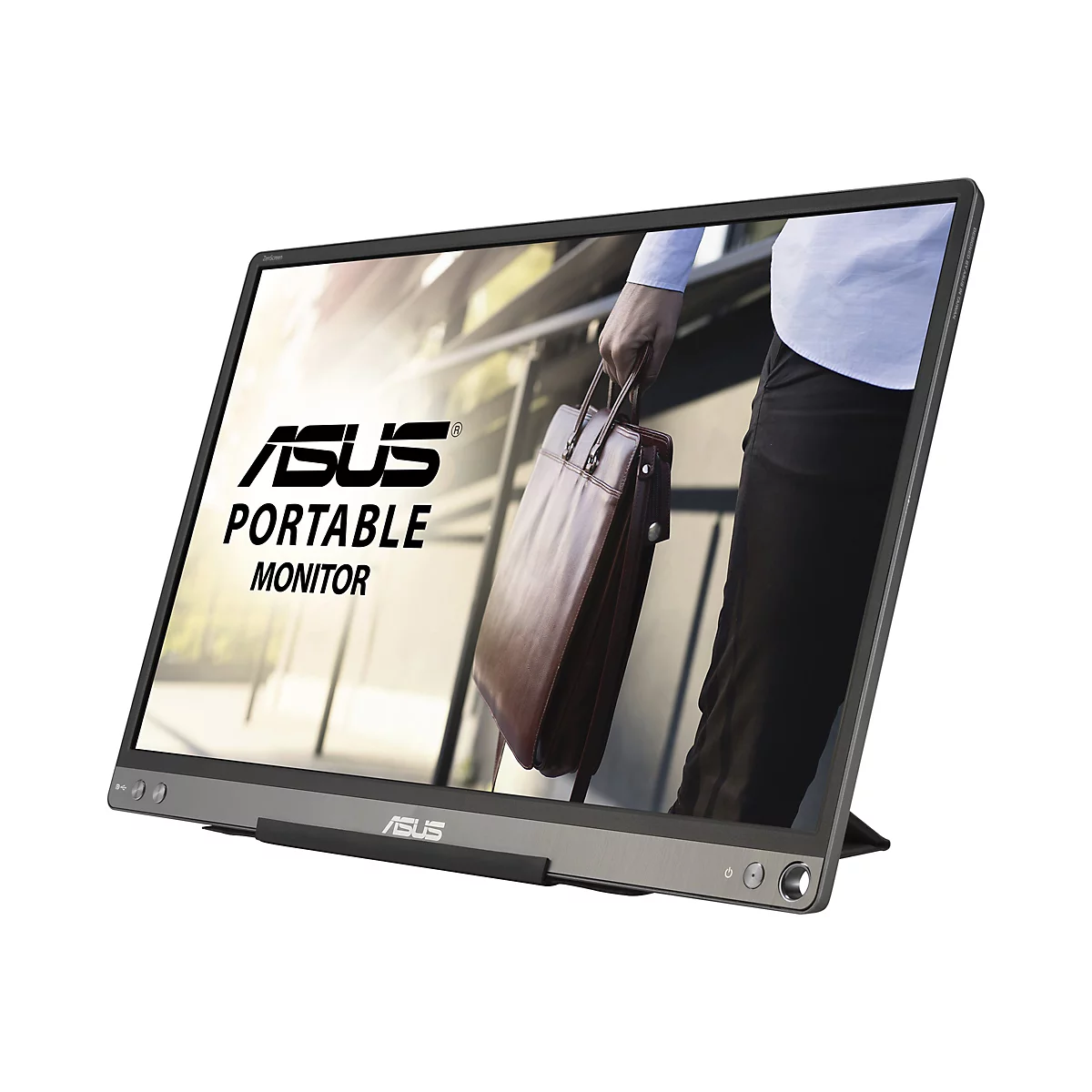 Der tragbare ASUS-Monitor zeigt eine Person mit einer braunen Aktentasche, die in einem Gebäude steht.