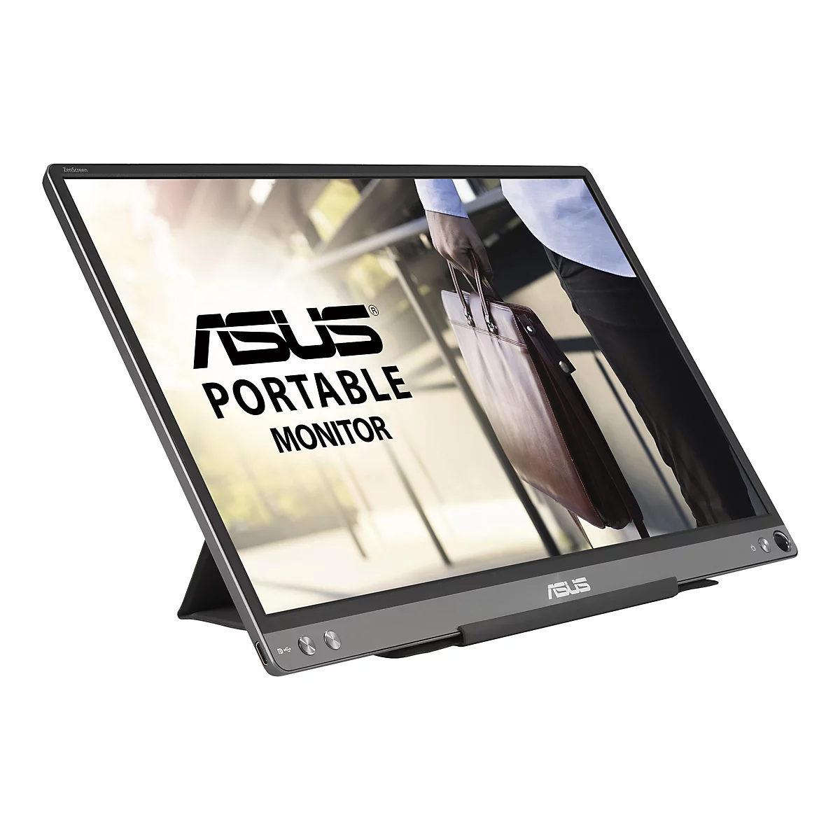 Ein tragbarer Asus-Monitor. Auf dem Bildschirm ist eine Person mit Aktentasche zu sehen. Unten steht "PORTABLE MONITOR".