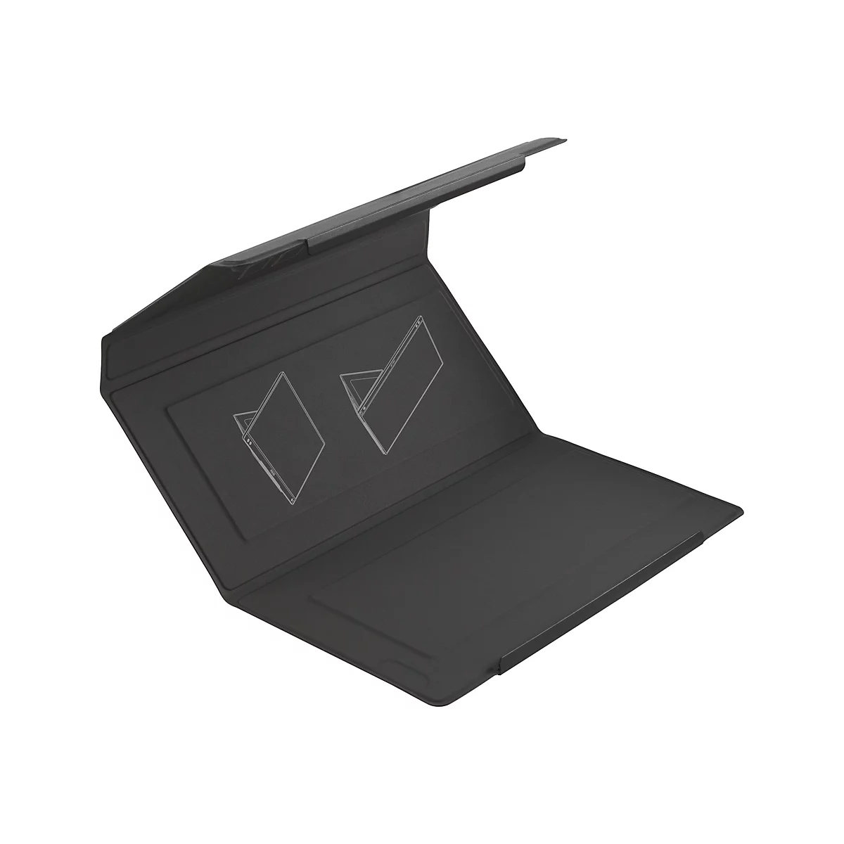 Schwarze Tablet-HÃ¼lle, teilweise geÃ¶ffnet, mit Skizzen von verschiedenen Aufstellwinkeln. Auf weiÃŸem Hintergrund.