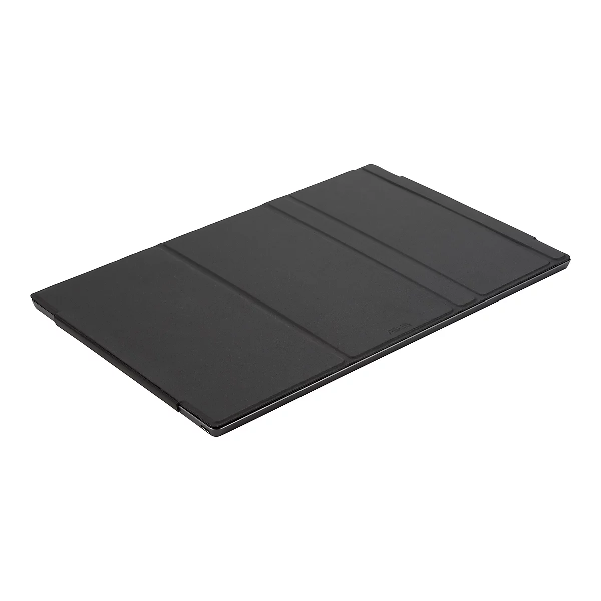 Schwarzes Tablet-Cover in flacher Position, leicht angewinkelt, vor weiÃŸem Hintergrund.