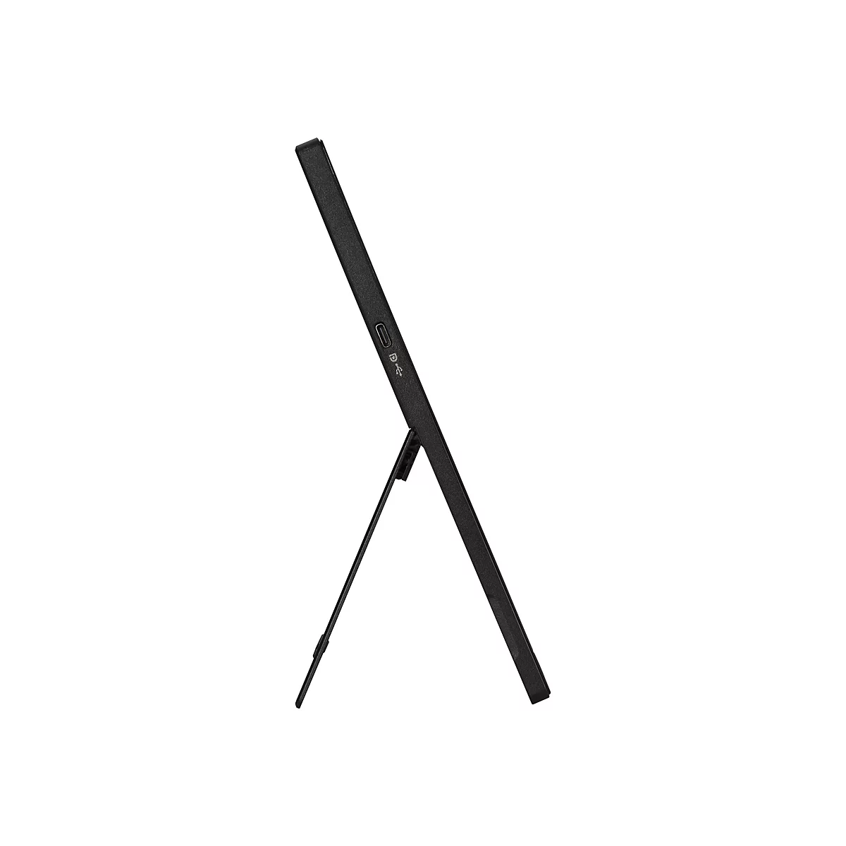 Ein schwarzes Tablet ist auf einem weißen Hintergrund aufgestellt, es ist aufgestellt, sodass man die Seite sieht. Ein Ständer stützt das Tablet.