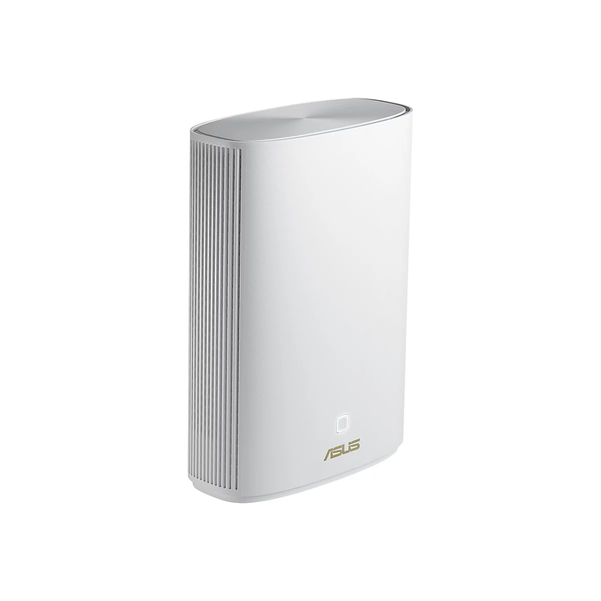 Un appareil cylindrique blanc avec un dessus argenté, avec le logo "ASUS" en bas.