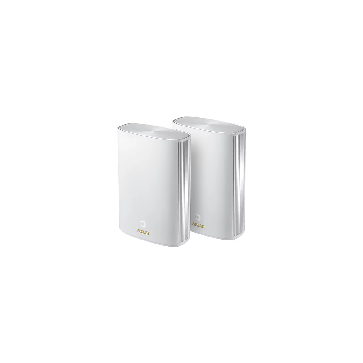 Zwei weiÃŸe, ovale Router mit geriffelten Seiten und einem goldenen ASUS-Logo. Auf hellem Hintergrund.