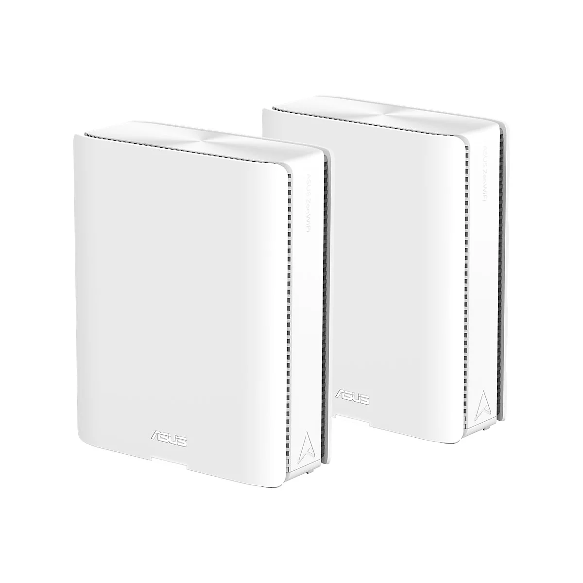 Zwei weiße ASUS WLAN Router nebeneinander. Oben steht ASUS ZenWIFI, unten das ASUS Logo.