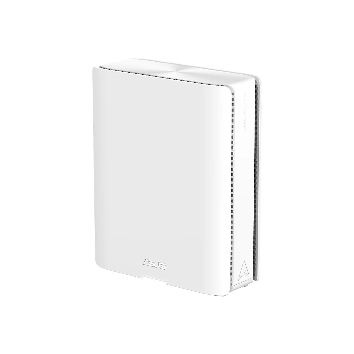 Ein weißes ASUS Zubehörgerät. Das Gerät steht aufrecht, mit der Aufschrift ASUS ZenWiFi auf der Seite.