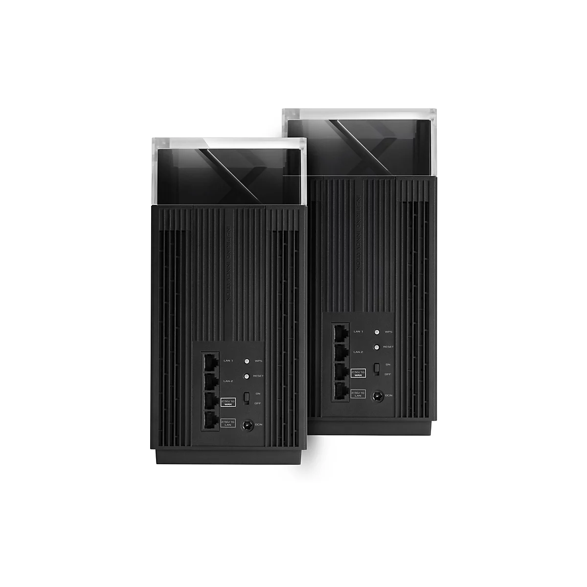 Zwei schwarze Router auf weißem Hintergrund. Der obere Teil ist transparent mit einem dunklen Innenleben, der Rest hat vertikale Rillen und Anschlüsse.