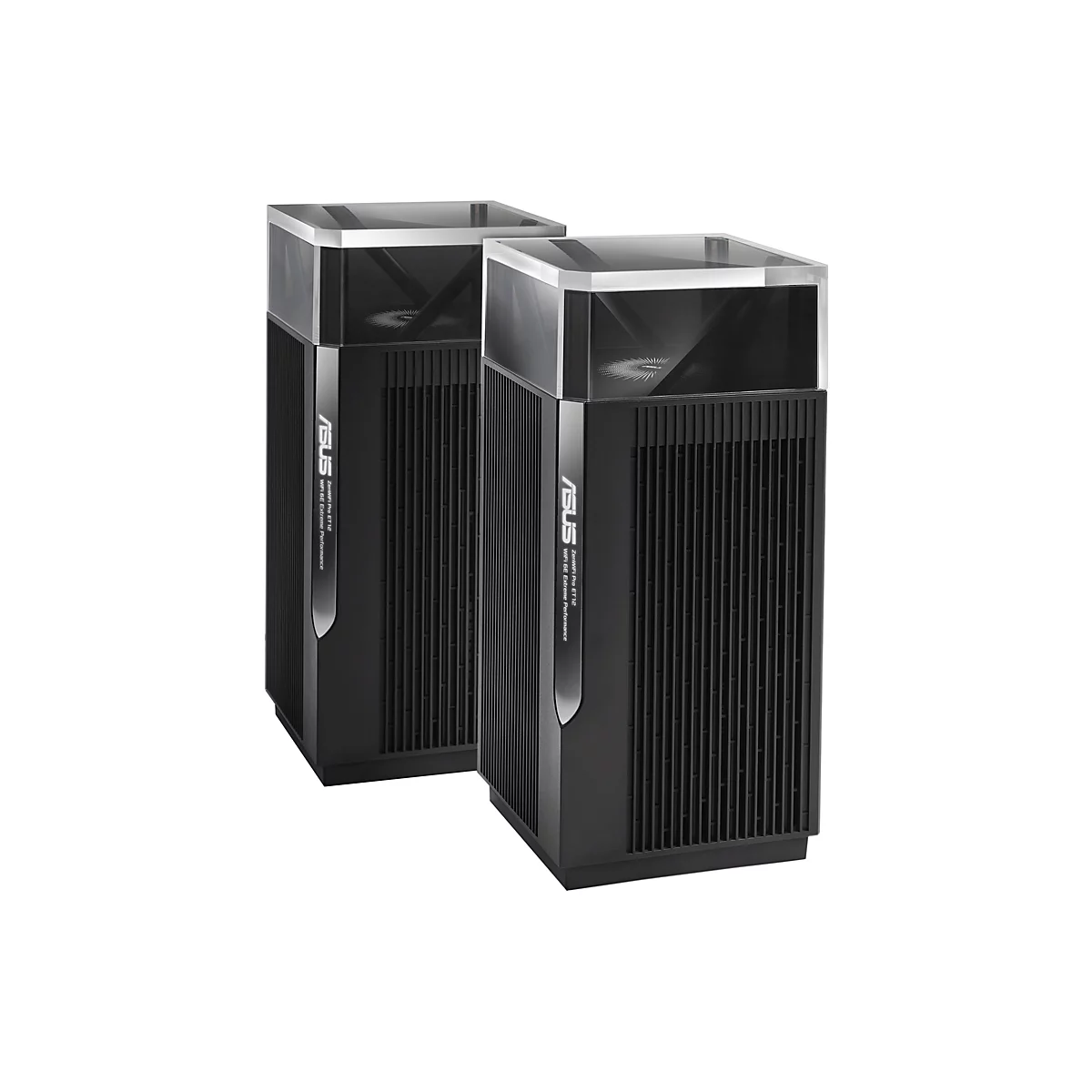 Zwei schwarze Router mit transparentem Deckel stehen nebeneinander. Das ASUS-Logo ist deutlich sichtbar.