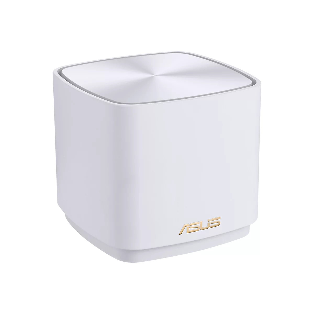 WeiÃŸer Router mit silberner Oberseite. Das ASUS Logo ist goldfarben.