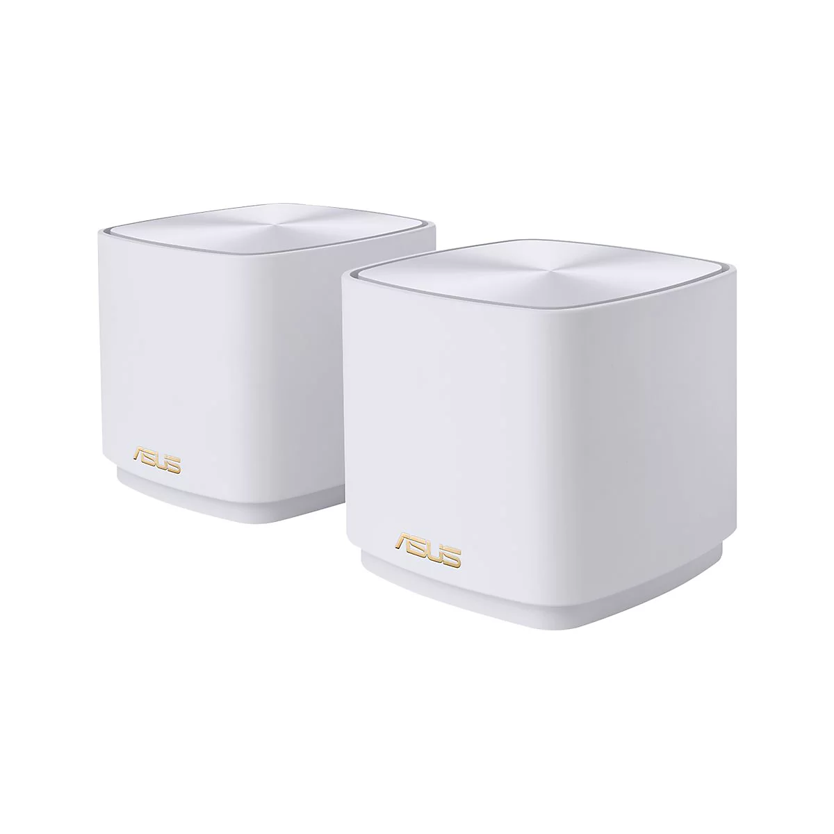 Zwei weiÃŸe, quadratische Router mit silbernen Oberseiten und goldenem Asus-Logo.