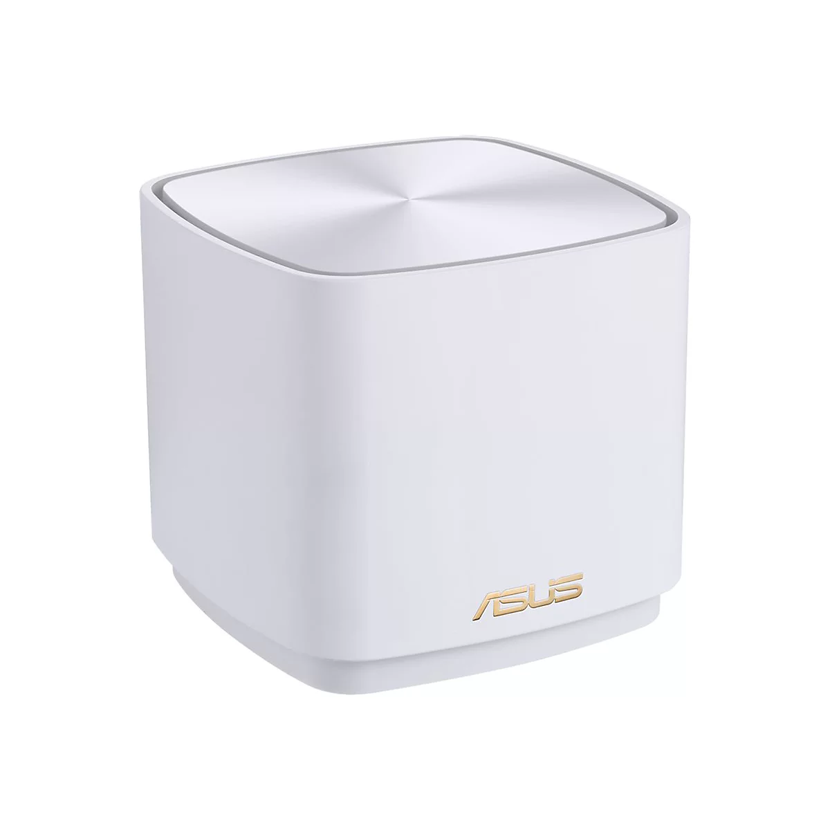 WeiÃŸer Router von ASUS. Quadratische Form, silberfarbene Oberseite, goldfarbenes Logo.