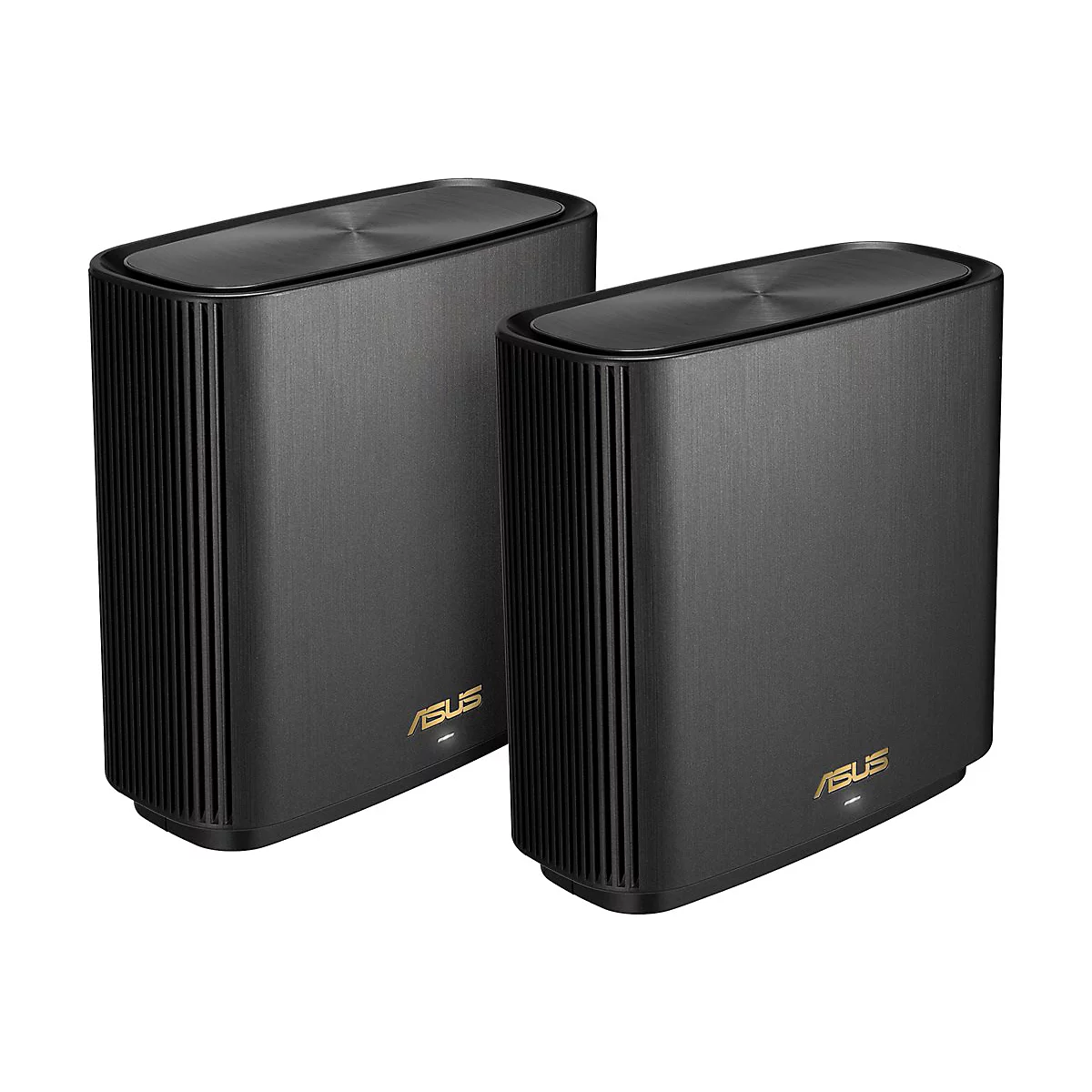Zwei schwarze Router nebeneinander. Auf jedem steht das ASUS-Logo. Die OberflÃ¤chen haben ein gebÃ¼rstetes Metall-Finish.