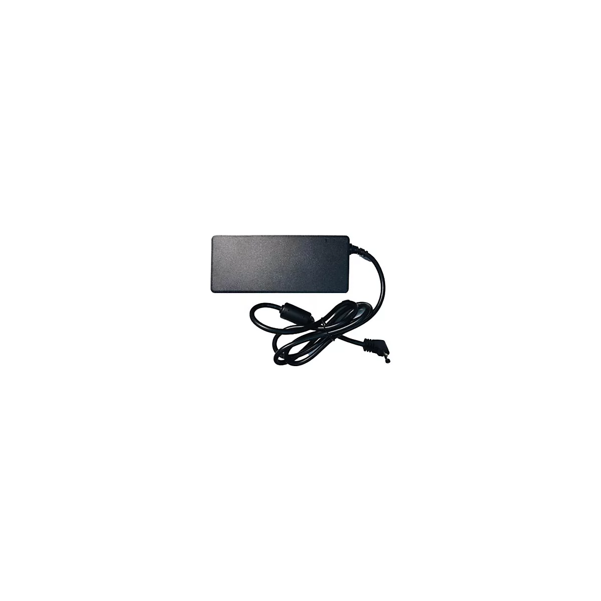 Schwarzes rechteckiges Netzteil mit Kabel und gewinkeltem Stecker vor weißem Hintergrund.