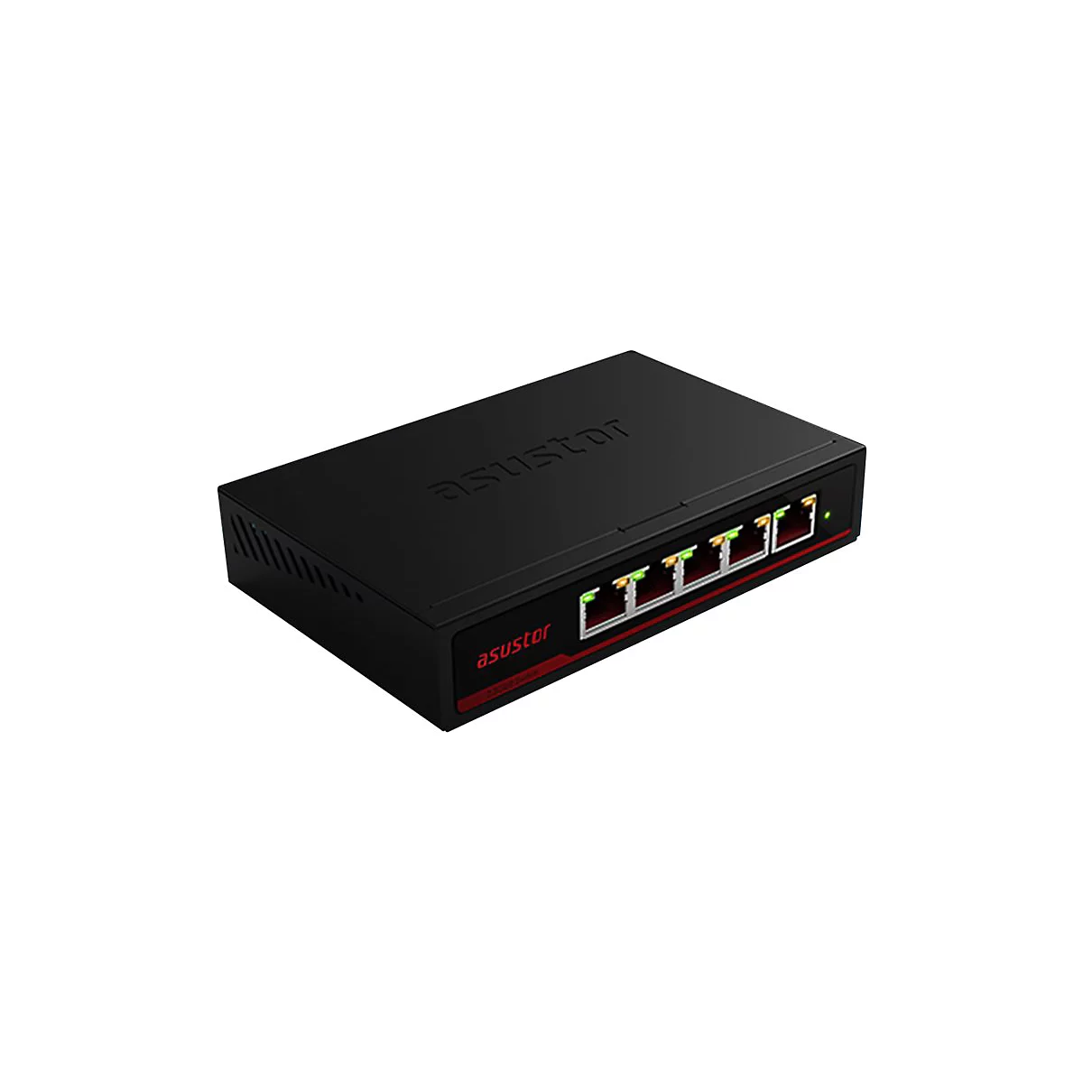 Schwarzer Asustor Netzwerk-Switch mit fünf Ports vor weißem Hintergrund.