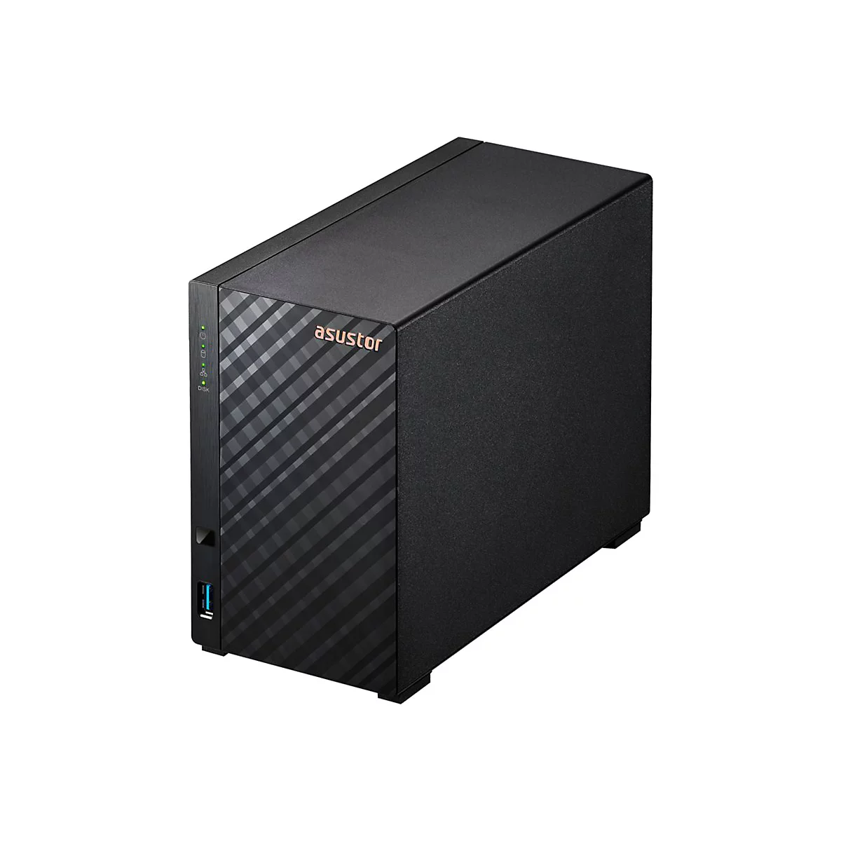 Schwarzer NAS-Server mit diagonaler Musterung und 'asustor'-Logo. Oben und unten sind Anschlüsse.