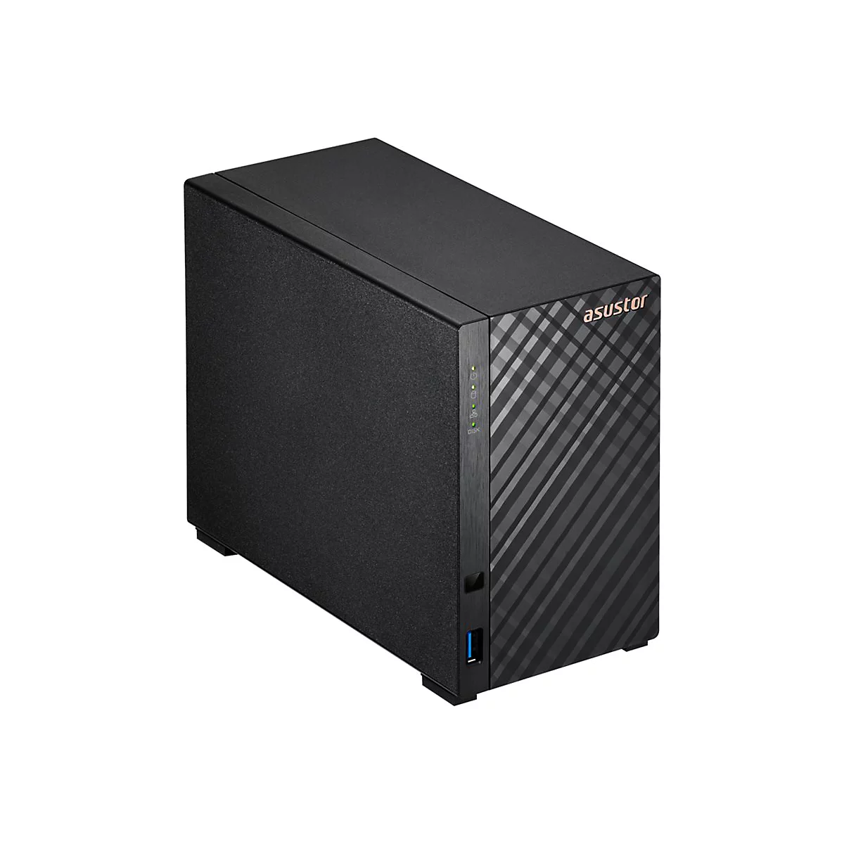 Schwarzer NAS-Server mit diagonaler Musterung. Oben rechts: "asustor".