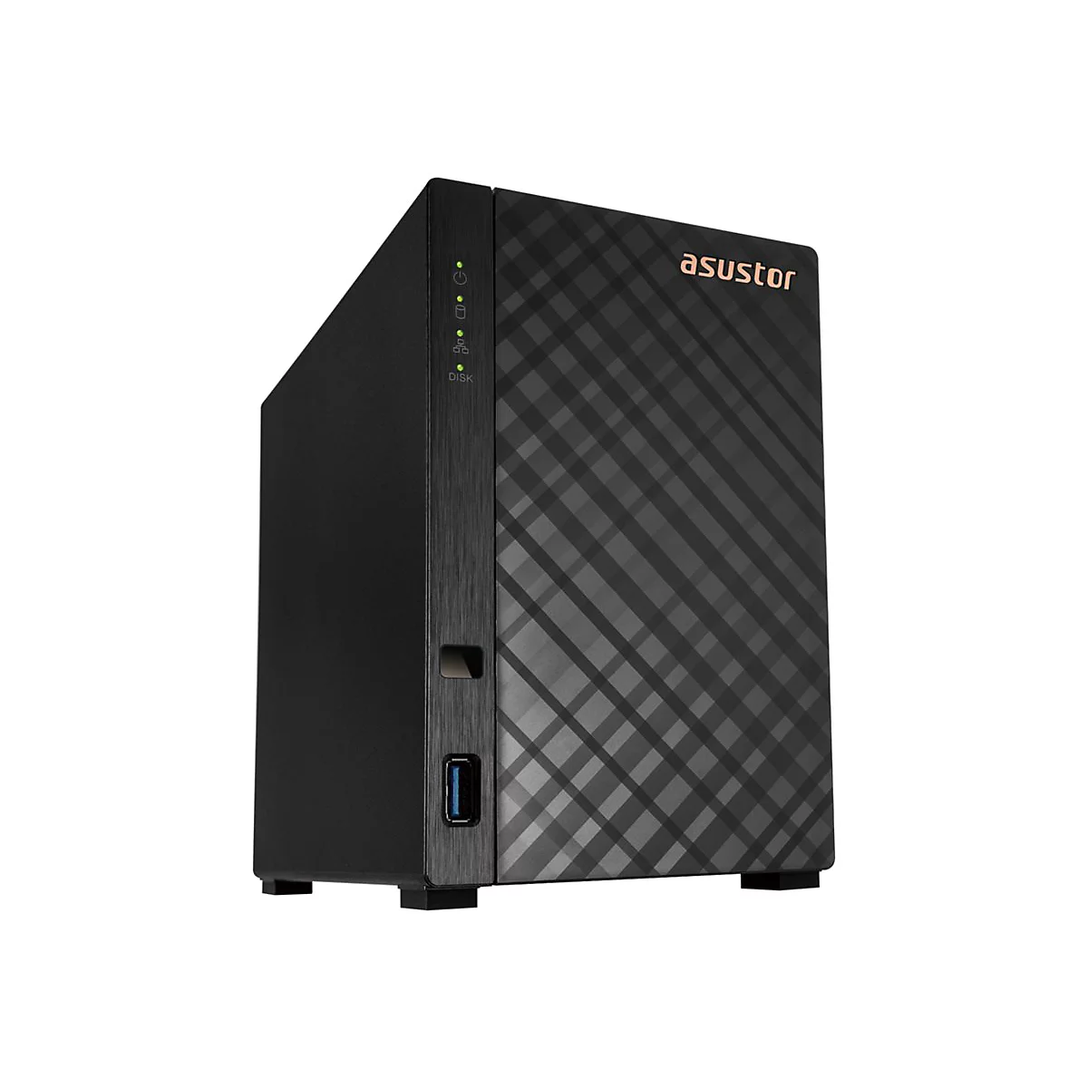 Schwarzes Asustor NAS-Gerät, diagonales Gittermuster, Anzeigeleuchten, USB-Anschluss, Markenname.