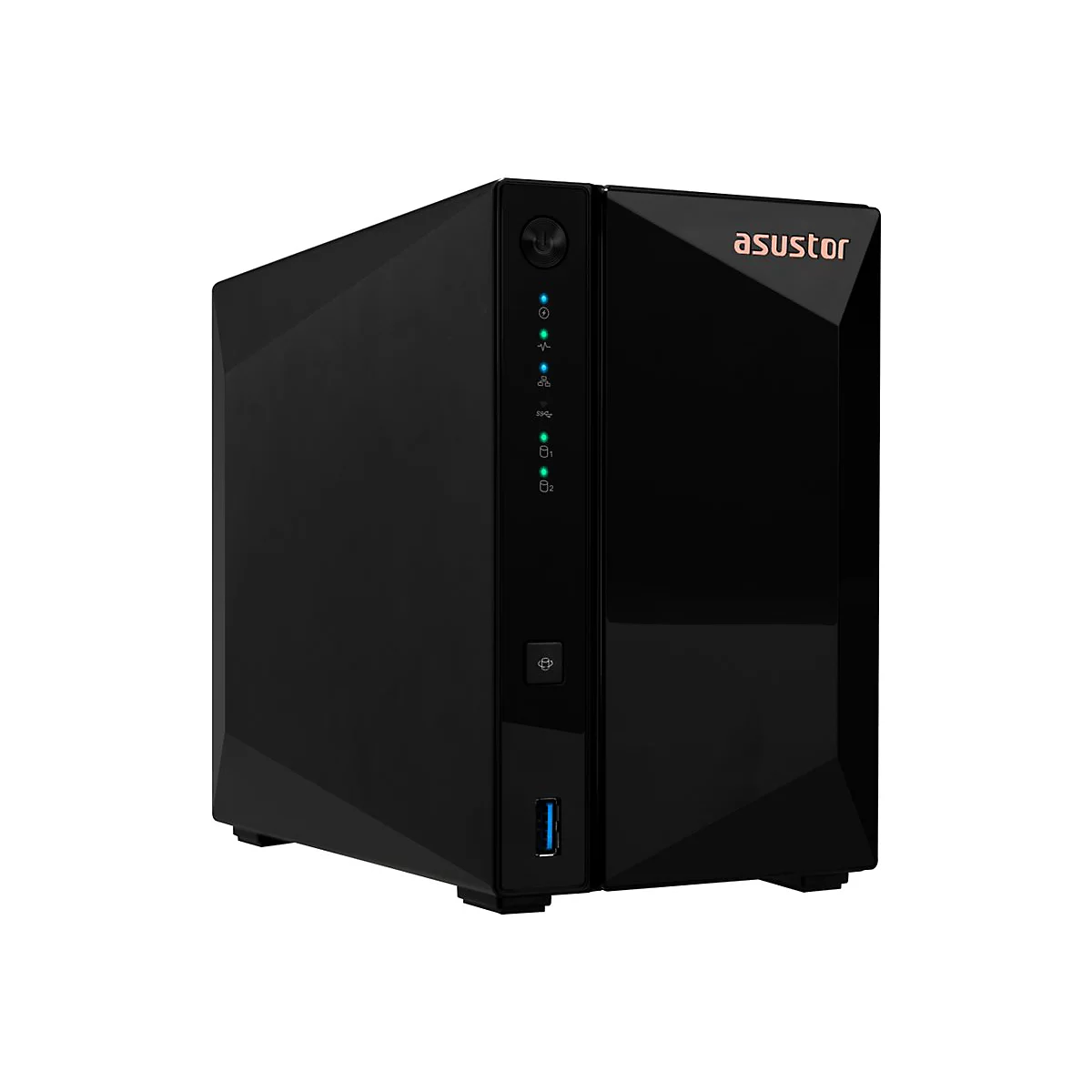 Schwarzer Asustor NAS-Server in Diamantoptik mit leuchtenden Status-LEDs vor weißem Hintergrund.