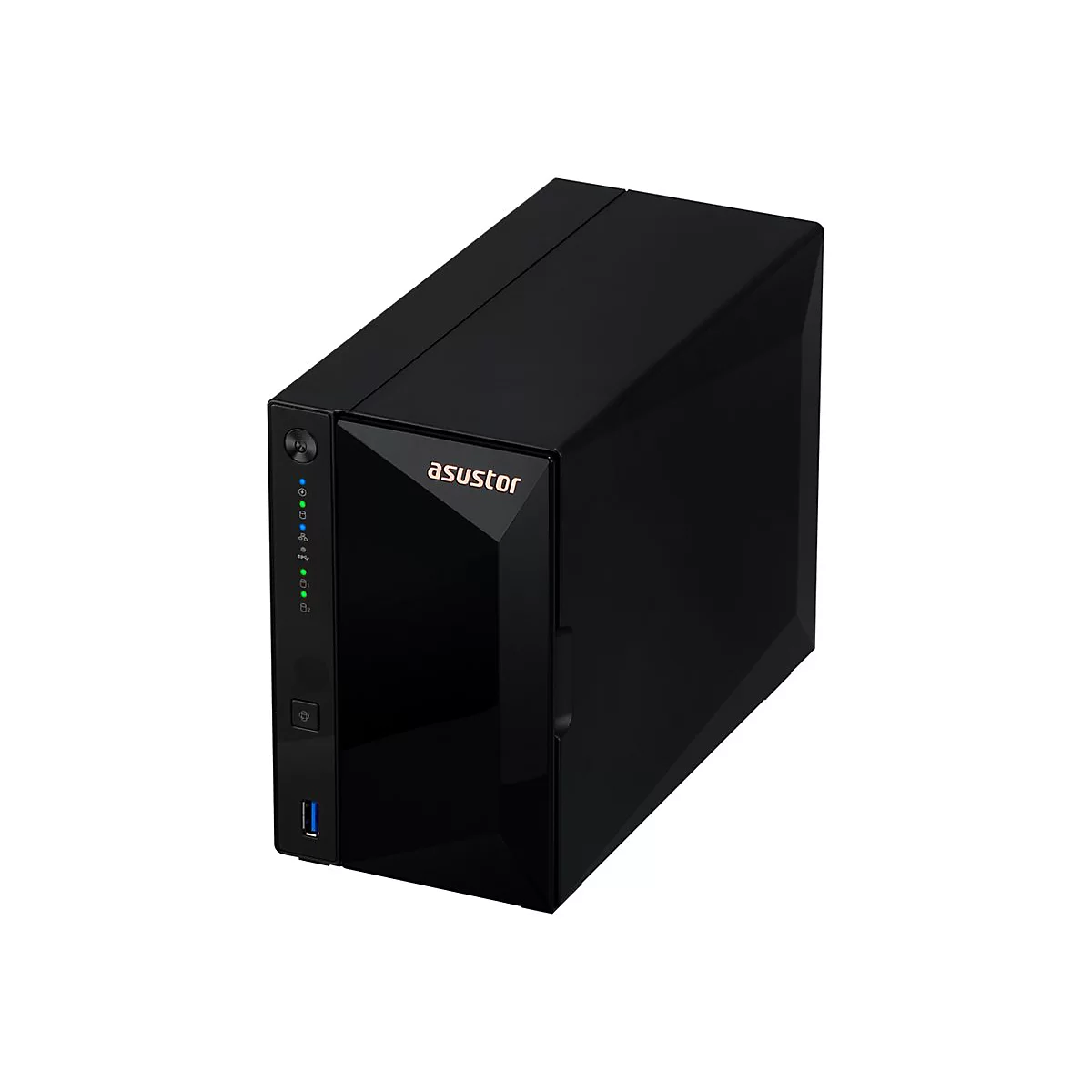 Schwarzer Asustor NAS-Server in glänzender Optik mit leuchtenden Status-LEDs vor weißem Hintergrund.