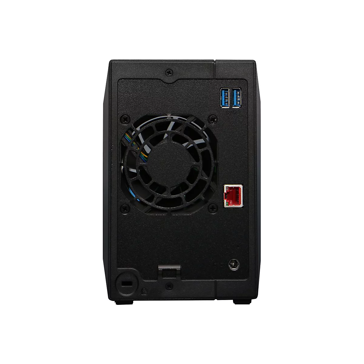 Rückseite eines schwarzen NAS-Gehäuses mit Lüfter, zwei USB-Ports und einem Ethernet-Anschluss.