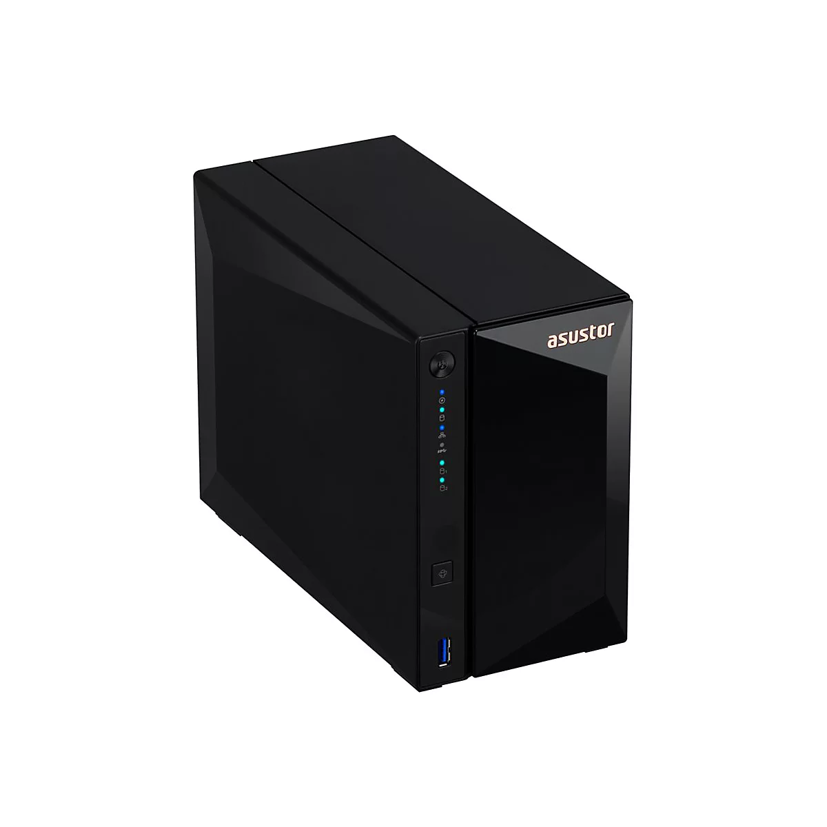 Schwarzes Asustor NAS-Gehäuse mit glänzender Oberfläche, LED-Statusleuchten und vorderseitigem USB-Anschluss.