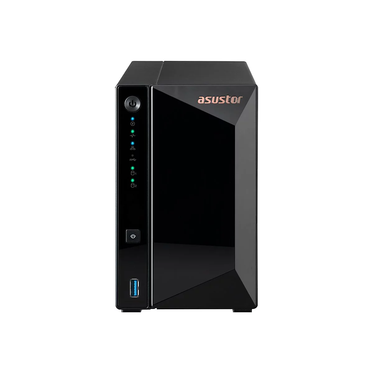Schwarzes Asustor NAS-Gehäuse mit leuchtenden Status-LEDs und USB-Anschluss vor weißem Hintergrund.